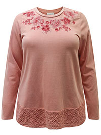 PEACH Pure Cotton Embroidered Yoke Crochet Hem Top - Size 10 to 24 (S to 3X)