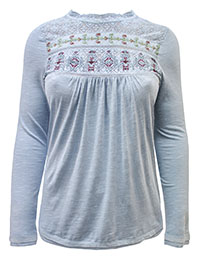 SKY-BLUE Pure Cotton Embroidered Yoke Long Sleeve Top - Size 8 to 14/16 (S to L)