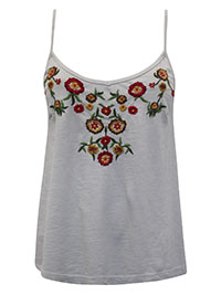 GREY Pure Cotton Strappy Back Embroidered Cami Top - Size 6 to 18 (XS to XL)