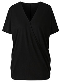 BLACK Short Sleeve Jersey Wrap Top - Plus Size 20 to 28
