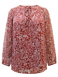 BURNT-ORANGE Floral Print Tie Neck Blouse - Plus Size 22