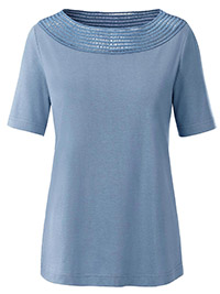 IRREGULAR - BLUE Modal Blend Crochet Detail Short Sleeve Top - Plus Size 16 to 26