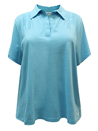 SKY-BLUE Pure Cotton Ladder Detail Collared Top - Plus Size 22 to 24