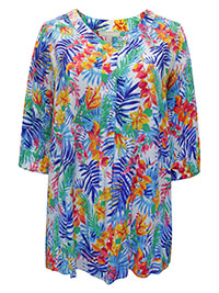 BLUE Tropical Print V-Neck Blouson Sleeve Tunic - Plus Size 20/22 to 36/38 (US L to 4X)