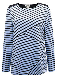 BLUE Cotton Blend Striped Long Sleeve T-Shirt - Plus Size 14 to 22