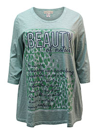 GREEN Pure Cotton 'Beautiful' Slogan 3/4 Sleeve T-Shirt - Plus Size 20 to 32