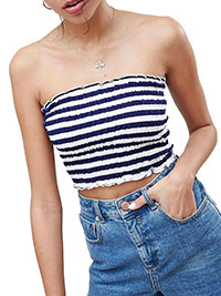 NAVY Pure Cotton Stripe Print Shirred Bandeau Top - Size 2 to 20
