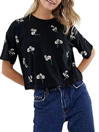 BLACK Pure Cotton Floral Embroidered Boxy Crop Top - Size 2 to 28