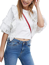 WHITE Pure Cotton Broderie Ruffle Crop Top - Size 4 to 22