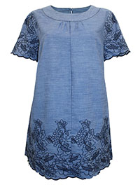 DENIM Pure Cotton Floral Embroidered Short Sleeve Tunic - Plus Size 14 to 28