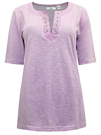 PURPLE Cotton Blend Spacedye Grommet Detail Notch Neck Top - Size 10/12 to 30/32 (S to 3XL)