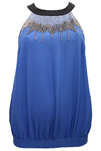 BLUE Bead Embellished Bubble Hem Top - Plus Size 14 to 16