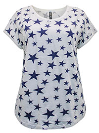 WHITE Pure Cotton Star Print Curved Hem T-Shirt - Plus Size 14 to 26