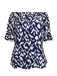 S/DAR NAVY Aztec Fluted Sleeve Bardot Top - Size 10 to 18