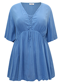 BLUE Crinkle Angel Sleeve Blouse - Size 10 to 32