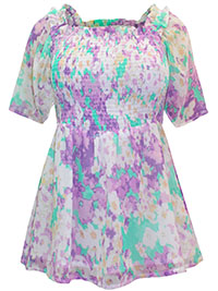 LILAC/GREEN Floral Print Shirred Square Neck Blouse - Size 10 to 30