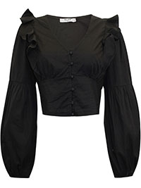 BLACK Pure Cotton Cropped Blouson Sleeve Top - Size 8 to 12 (EU 34 to 38)