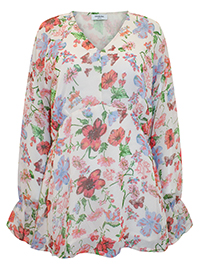 IVORY Floral Print V-Neck Long Sleeve Chiffon Blouse - Plus Size 14 to 30