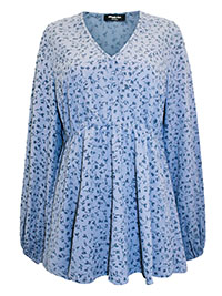 BLUE Floral Print Blouson Sleeve Top - Plus Size 14 to 32