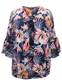 ULLAP NAVY Hibiscus Print Tassel Tie Cover-Up Kaftan Shrug - Plus Size 16/18 to 40/42 (US 12/14 to 36/38)