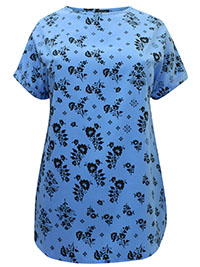 BLUE Floral Print Longline Boxy Top - Size 10 to 26