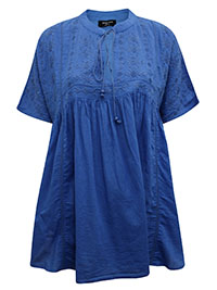 BLUE Embroidered Tassel Tie Smock Top - Plus Size 14 to 20