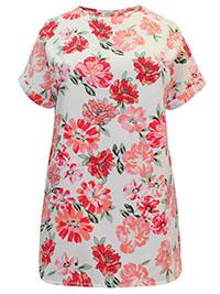 IVORY Floral Print Roll Sleeve Longline Boxy Top - Size 10 to 24