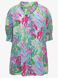 MULTI Tropical Print Frill Detail Shirred Cuff Top - Size 10 to 32
