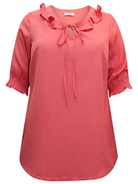 CORAL Tie Neck Frill Top - Size 10 to 32