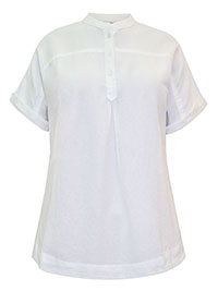 WHITE Linen Blend Button Front Short Sleeve Top - Size 10 to 32