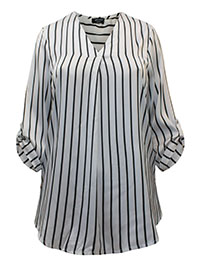 WHITE Striped Roll Sleeve Satin Top - Plus Size 12 to 30