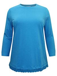 BLUE Pure Cotton Broderie Hem Top - Plus Size 16 to 32