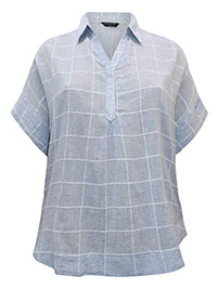 BLUE Pure Cotton Grid Checked Notch Neck Top - Size 10/12 to 22/24