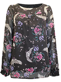 BLACK Printed Overlay Long Sleeve Top - Size 10 to 22