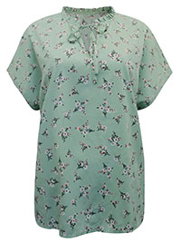 MINT Floral Print Frill Detail Keyhole Top - Plus Size 14 to 18