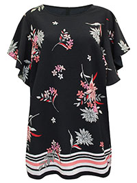 BLACK Floral Print Flutter Sleeve Top - Plus Size 18 to 22