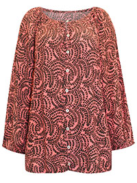 CORAL Printed Button Through 3/4 Sleeve Top - Plus Size 12 to 18