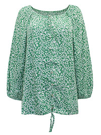 GREEN Floral Print Button Through Tie Hem Top - Plus Size 12 to 18