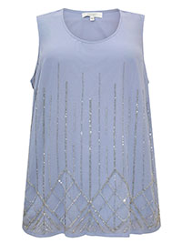 BLUE Sleeveless Bead Embellished Top - Plus Size 26 to 28