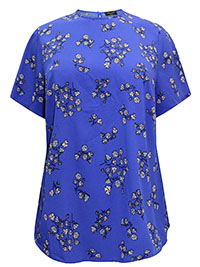 BLUE Floral Print Woven Curved Hem Top - Plus Size 20 to 24