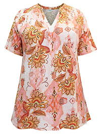 PEACH Pure Cotton Printed Notch Neck Top - Size 10 to 28