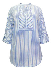 BLUE/WHITE Striped Roll Sleeve Blouse - Plus Size 14 to 24