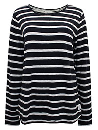 MoP NAVY Pure Cotton Striped Long Sleeve Raw Hem Top - Size 8 to 16 (XS to XL)