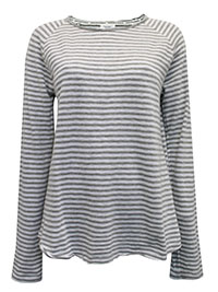 MoP LIGHT-GREY WHITE Pure Cotton Striped Long Sleeve Raw Trim Top - Size 10 to 16 (S to XL)