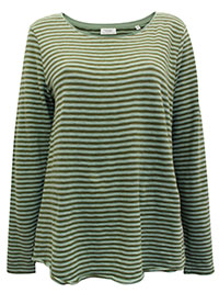 MoP GREEN Pure Cotton Striped Long Sleeve Raw Trim Top - Size 8 to 16 (XS to XL)