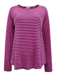 MoP PINK BLACK Pure Cotton Striped Long Sleeve Raw Trim Top - Size 10 to 16 (S to XL)