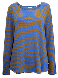 MoP BLUE GOLD Pure Cotton Striped Long Sleeve Raw Hem Top - Size 8 to 16 (XS to XL)