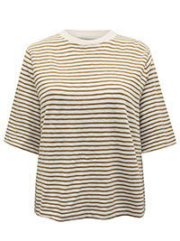 MoP BROWN CREAM Pure Cotton Banded Trim Striped Half Sleeve Boxy Top - Size 6 to 16 (XXS to XL)