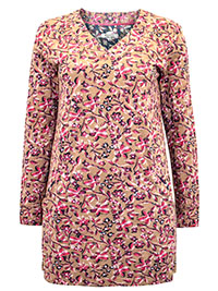 BROWN Pure Cotton Floral Print Long Sleeve Tunic - Size 8 to 18