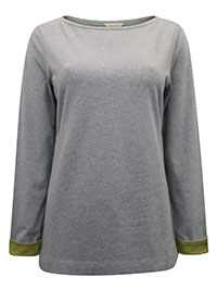 WS GREY Pure Cotton Contrast Cuff Long Sleeve Top - Size 10 to 18